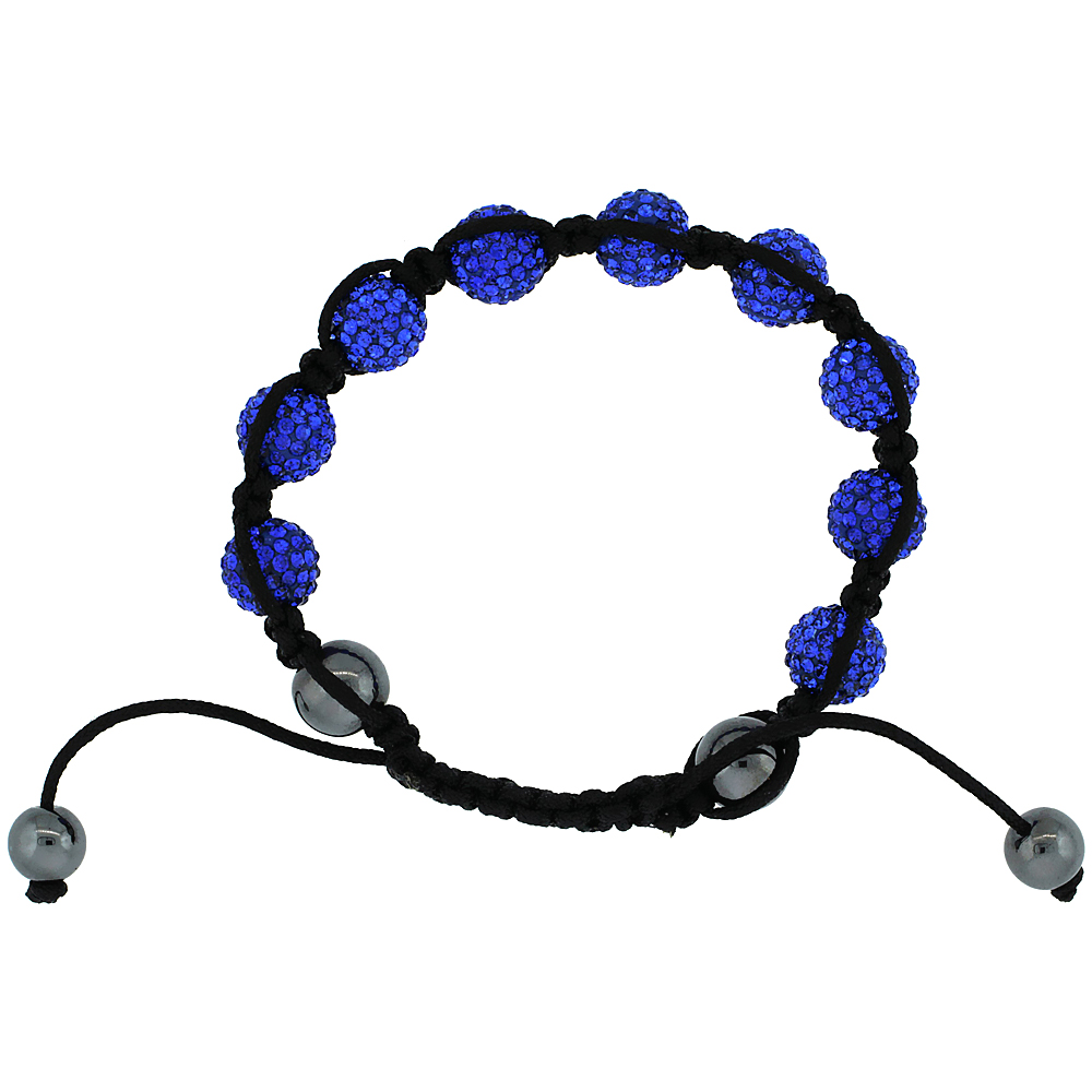Blue Sapphire Color Crystal Ball Macrame Bead Bracelet for Men and Women Hematite Beads Adjustable Unisex 3/8 in. (10 mm) wide