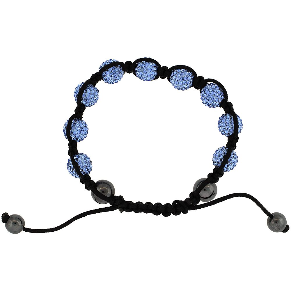 Blue Topaz Color Crystal Ball Macrame Bead Bracelet for Men and Women Hematite Beads Adjustable Unisex 3/8 in. (10 mm) wide