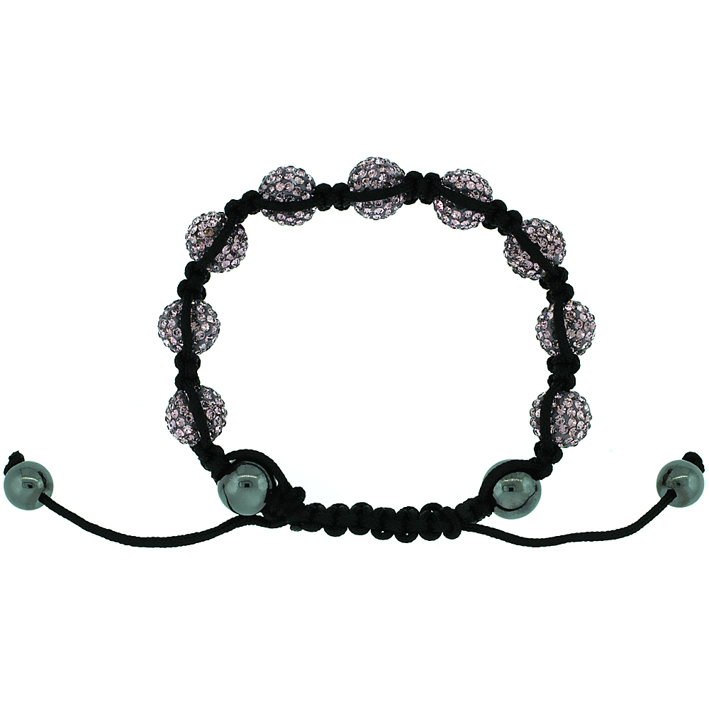 Pink Color Crystal Ball Macrame Bead Bracelet for Men and Women Hematite Beads Adjustable Unisex 3/8 in. (10 mm) wide