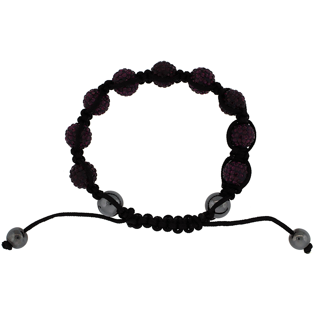 Purple Amethyst Color Crystal Ball Macrame Bead Bracelet for Men and Women Hematite Beads Adjustable Unisex 3/8 in. (10 mm) wide