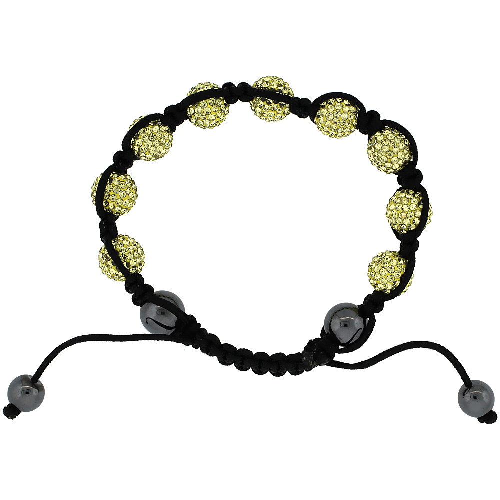 Yellow Color Crystal Ball Macrame Bead Bracelet for Men and Women Hematite Beads Adjustable Unisex 3/8 in. (10 mm) wide
