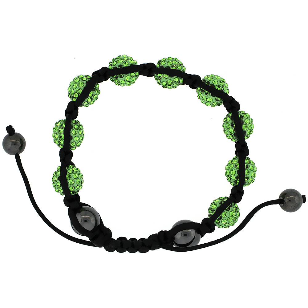 Green Peridot Color Crystal Ball Macrame Bead Bracelet for Men and Women Hematite Beads Adjustable Unisex 1/2 in. (12.5 mm) wide