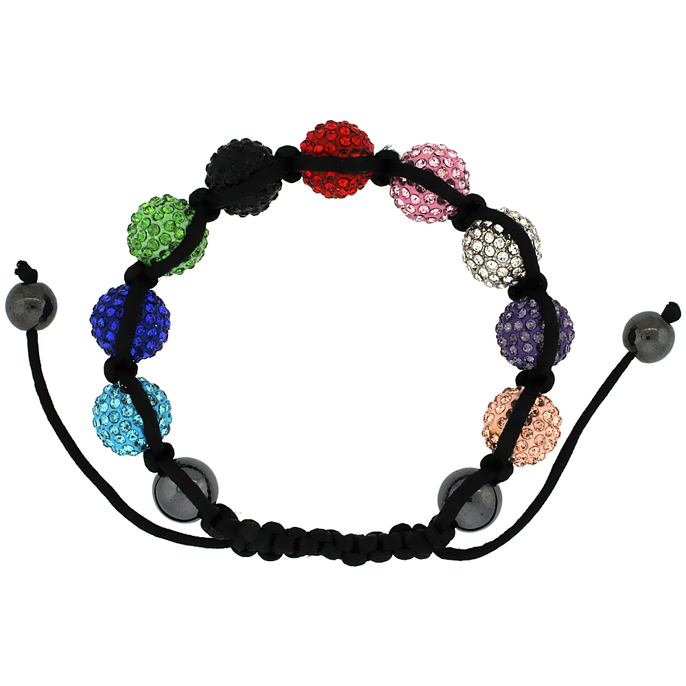 Multi Color Crystal Ball Macrame Bead Bracelet for Men and Women Hematite Beads Adjustable Unisex 1/2 in. (12.5 mm) wide
