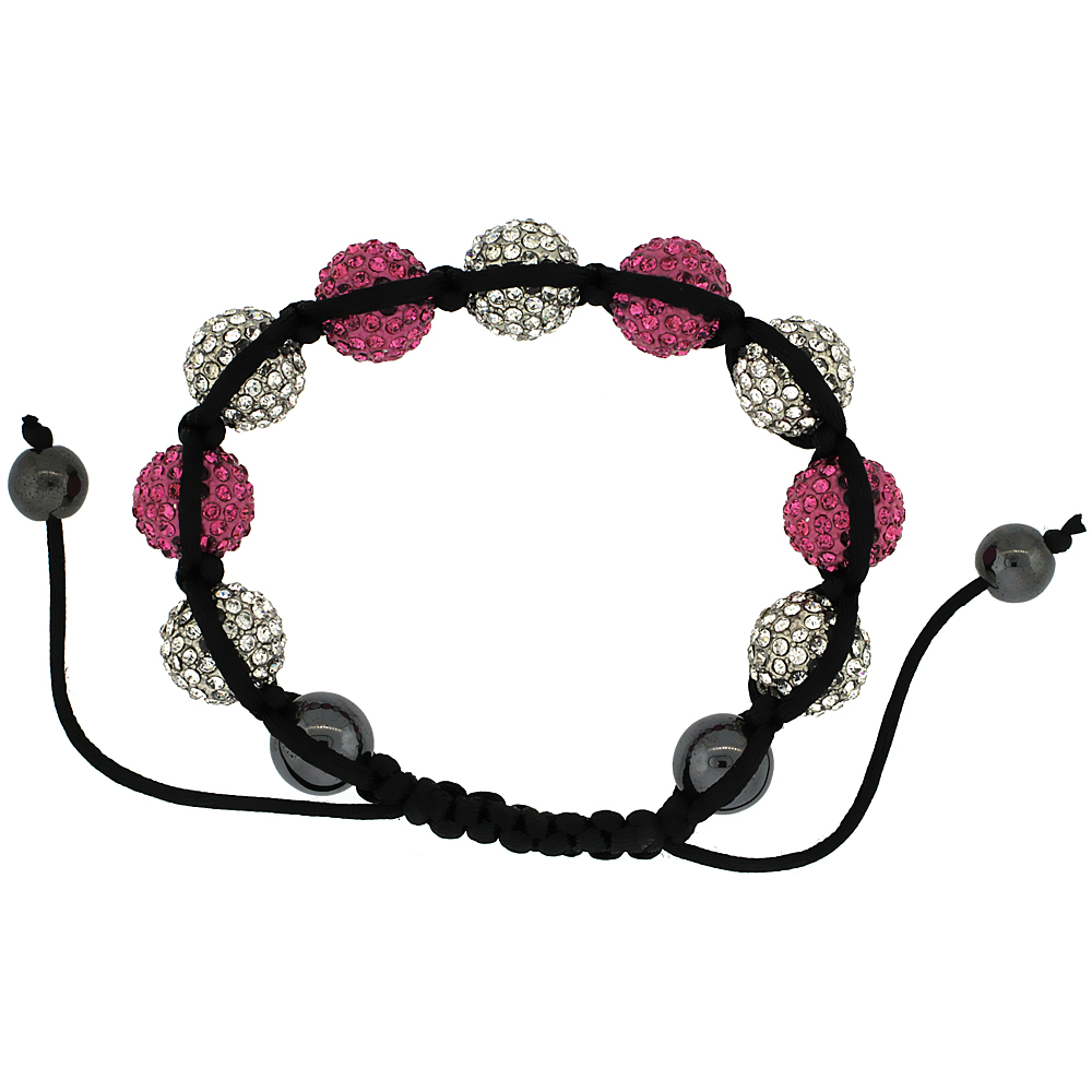 White & Pink Color Crystal Ball Macrame Bead Bracelet for Men and Women Hematite Beads Adjustable Unisex 1/2 in. (12.5 mm) wide