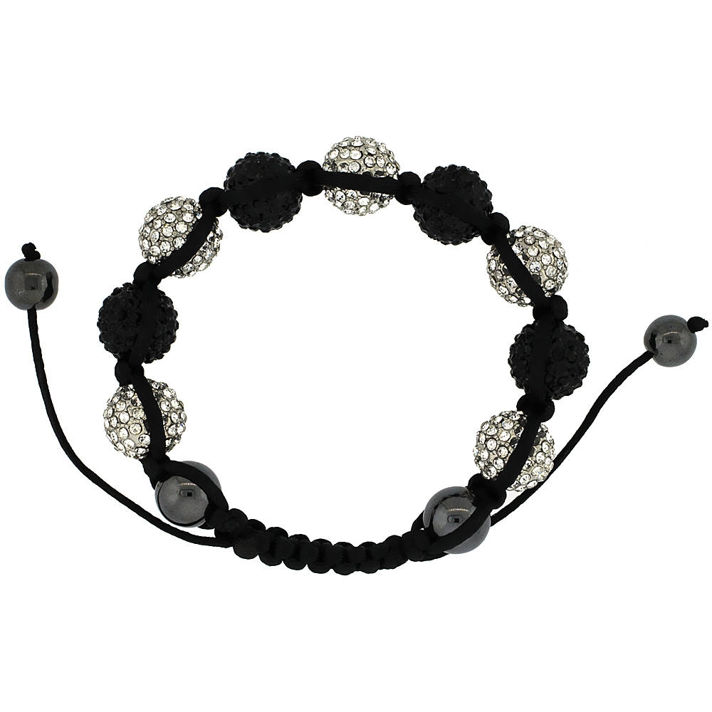 White & Black Color Crystal Ball Macrame Bead Bracelet for Men and Women Hematite Beads Adjustable Unisex 1/2 in. (12.5 mm) wide