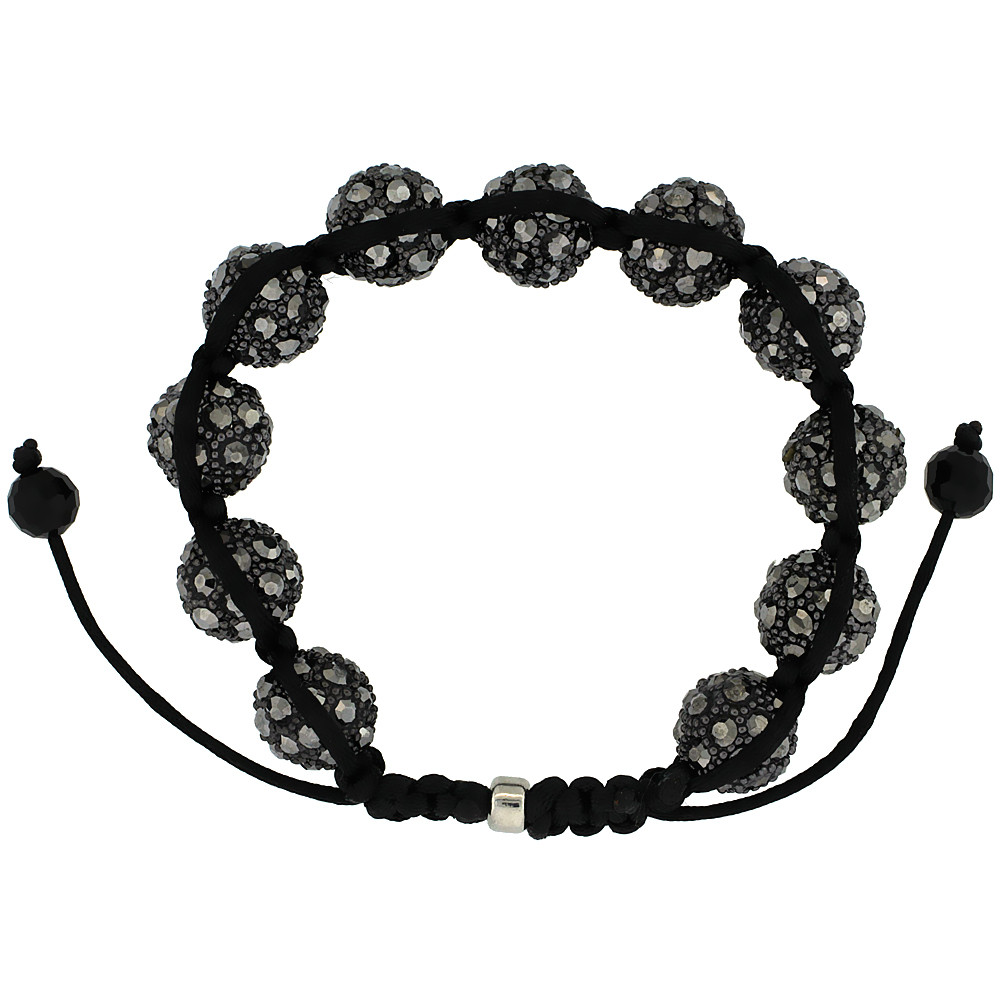 Black Crystal Ball Macrame Bead Bracelet for Men and Women Hematite Beads Adjustable Unisex 1/2 in. (12.5 mm) wide
