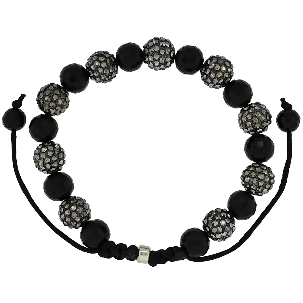 Black Crystal Ball Macrame Bead Bracelet for Men and Women Faceted Black Beads Adjustable Unisex 3/8 in. (10 mm) wide