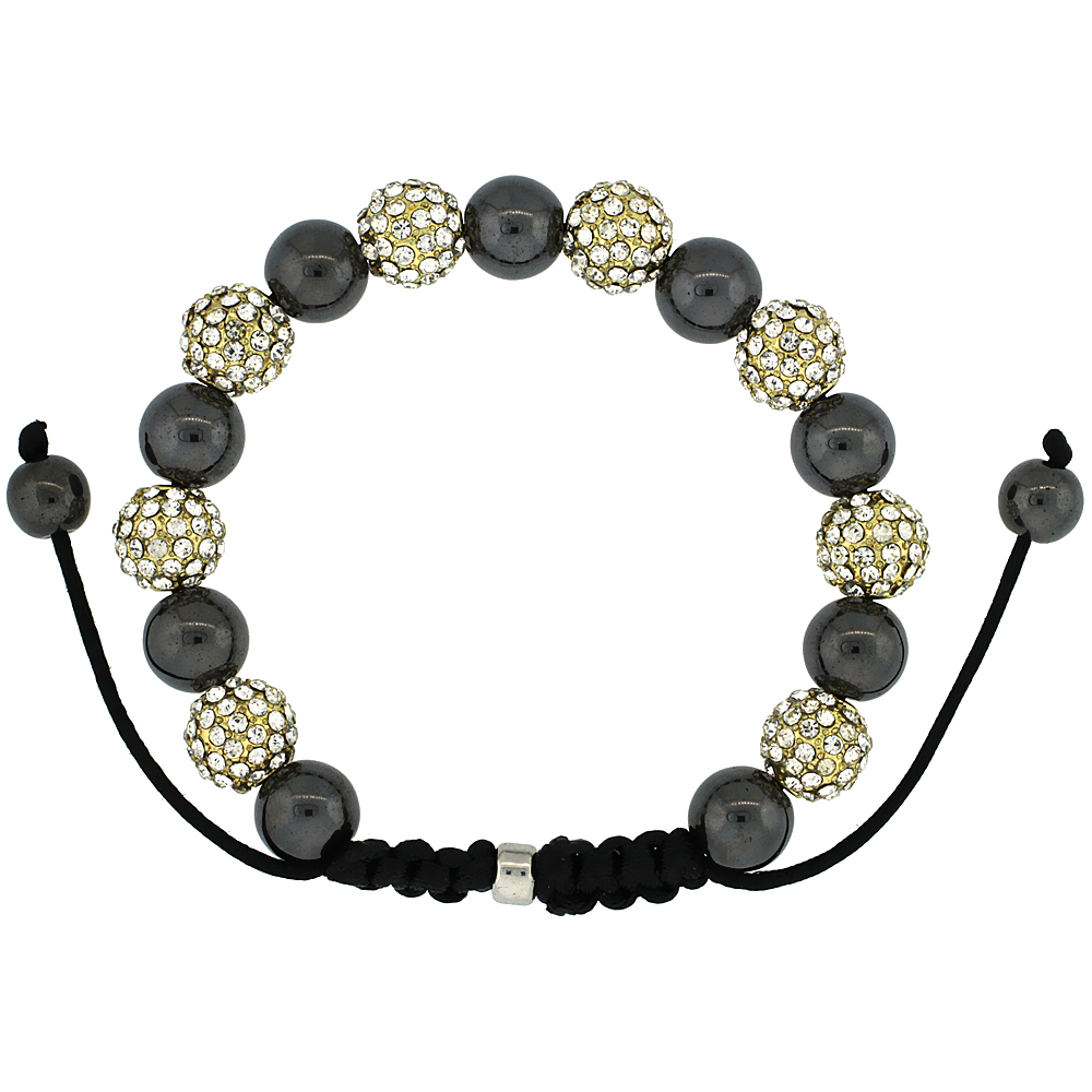Yellow Color Crystal Ball Macrame Bead Bracelet for Men and Women Hematite Beads Adjustable Unisex 3/8 in. (10 mm) wide