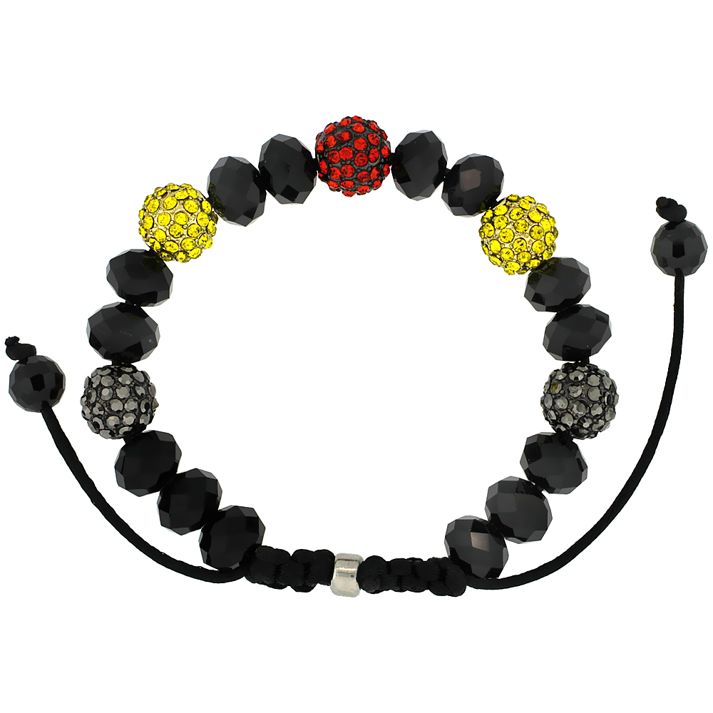 Multi Color Crystal Ball Macrame Bead Bracelet for Men and Women Faceted Black Beads Adjustable Unisex 3/8 in. (10 mm) wide