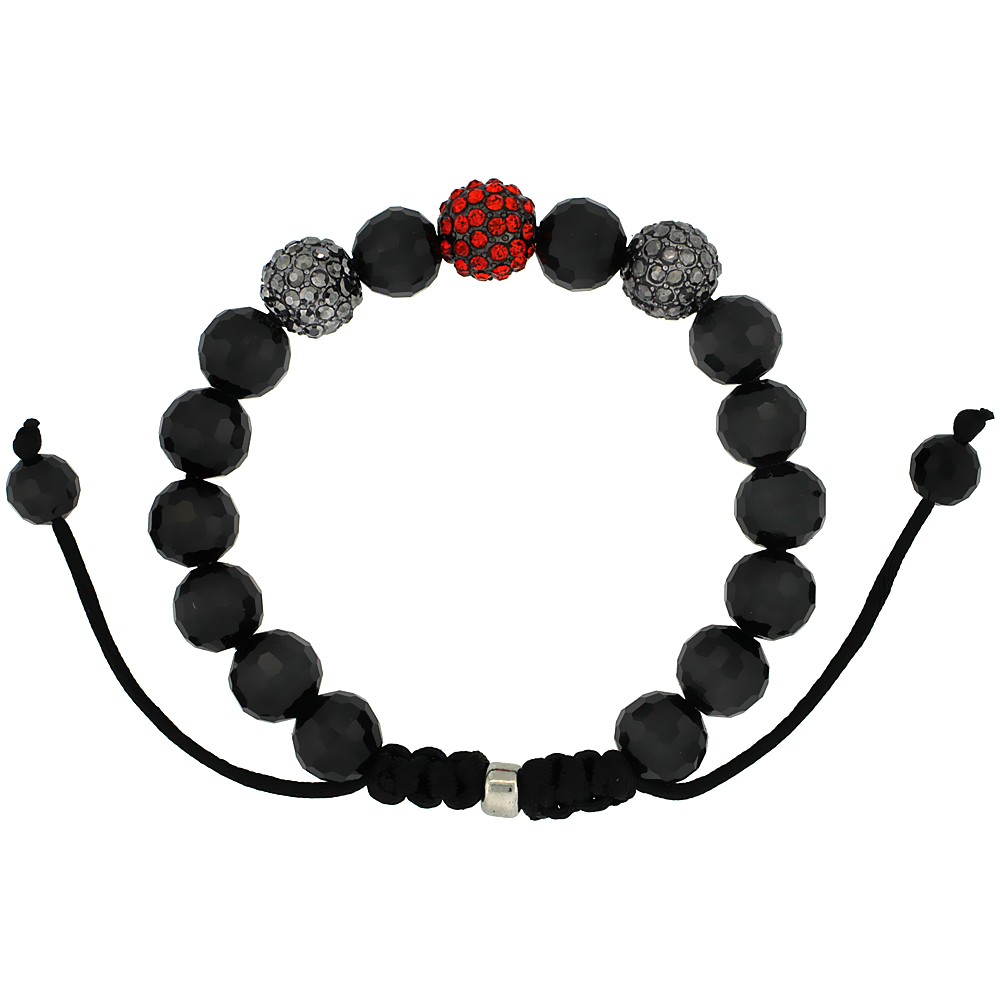 Black & Red Color Crystal Ball Macrame Bead Bracelet for Men and Women Faceted Black Beads Adjustable Unisex 3/8 in. (10 mm) wide