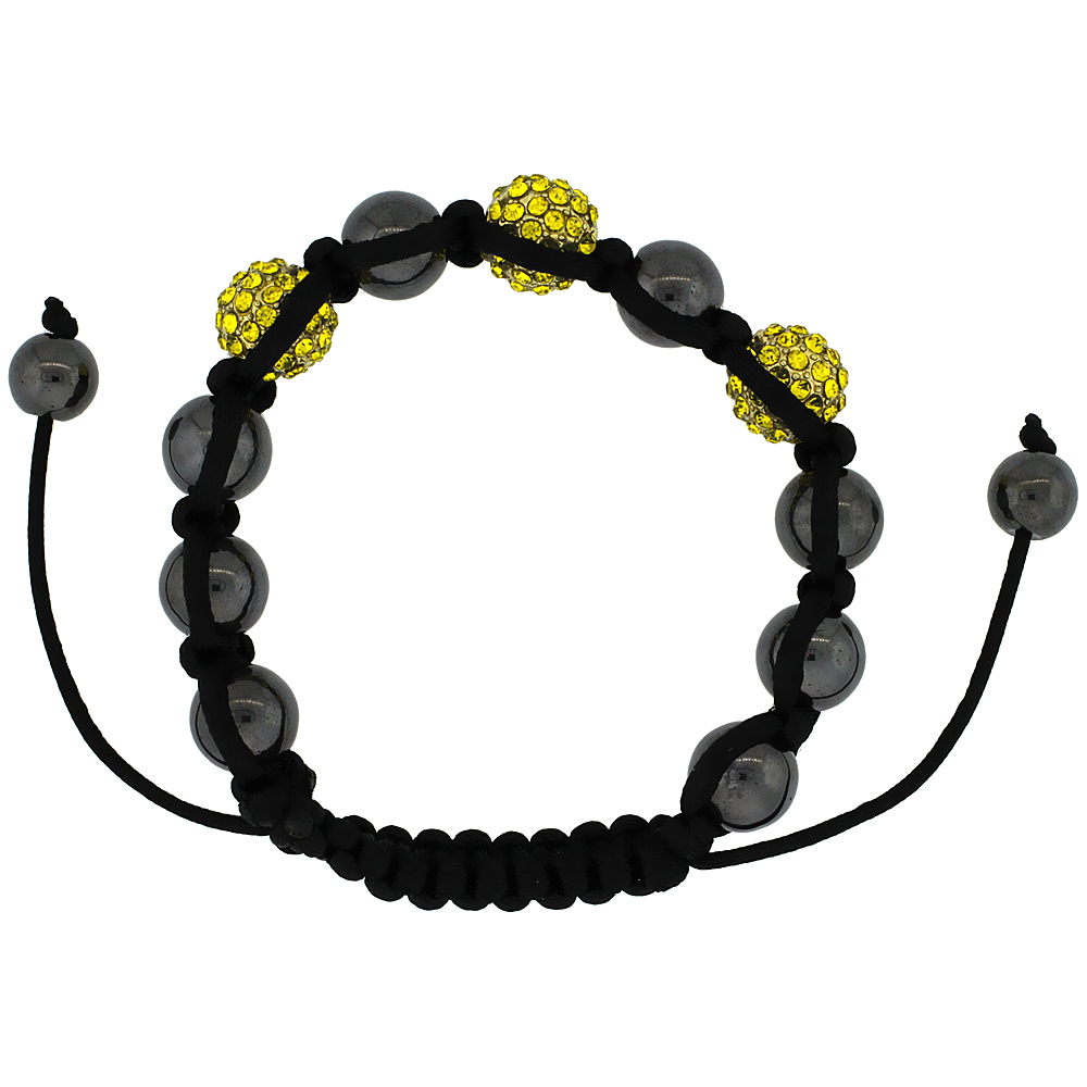 Yellow Color Crystal Ball Macrame Bead Bracelet for Men and Women Hematite Beads Adjustable Unisex 3/8 in. (10 mm) wide