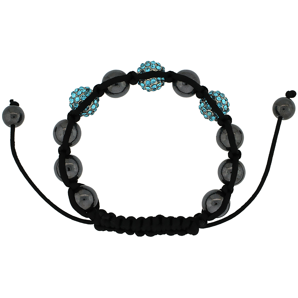 Blue Topaz Color Crystal Ball Macrame Bead Bracelet for Men and Women Hematite Beads Adjustable Unisex 3/8 in. (10 mm) wide