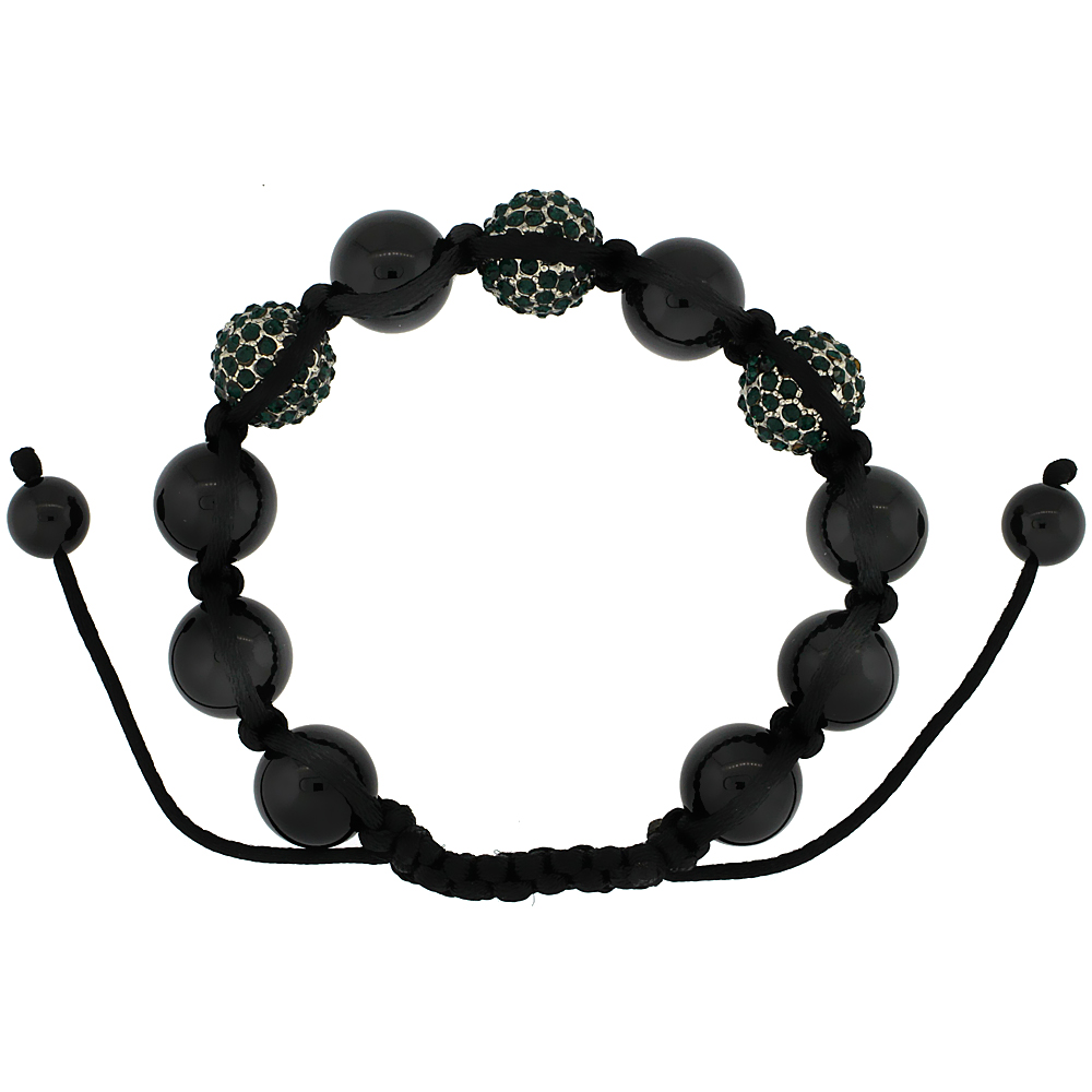 Emerald Green Color Crystal Ball Macrame Bead Bracelet for Men and Women Hematite Beads Adjustable Unisex 1/2 in. (12.5 mm) wide