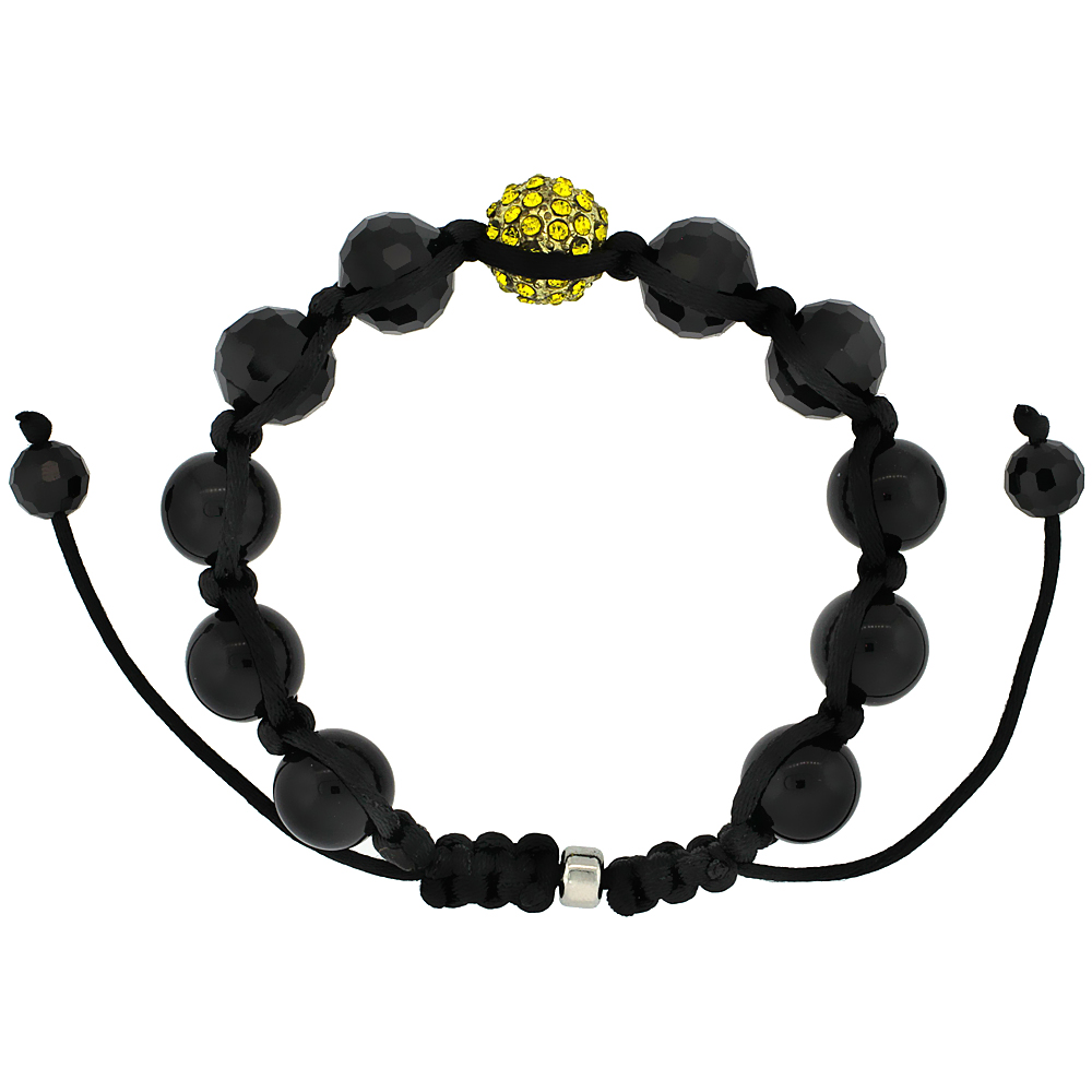 Yellow Color Crystal Ball Macrame Bead Bracelet for Men and Women Hematite Beads Adjustable Unisex 1/2 in. (12.5 mm) wide