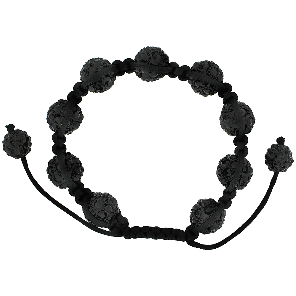 Black Crystal Ball Macrame Bead Bracelet for Men and Women 1/2 in. (12.5 mm) wide