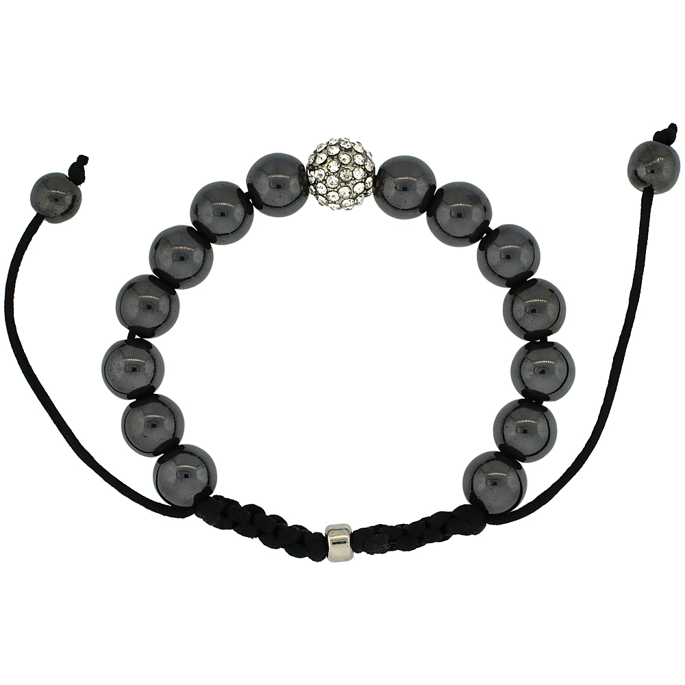 Crystal Ball Macrame Bead Bracelet for Men and Women Hematite Beads Adjustable Unisex 3/8 in. (10 mm) wide