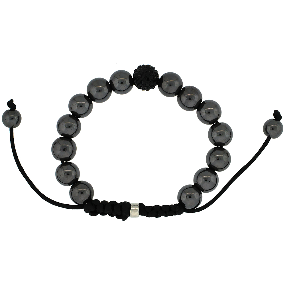 Black Crystal Ball Macrame Bead Bracelet for Men and Women Hematite Beads Adjustable Unisex 3/8 in. (10 mm) wide