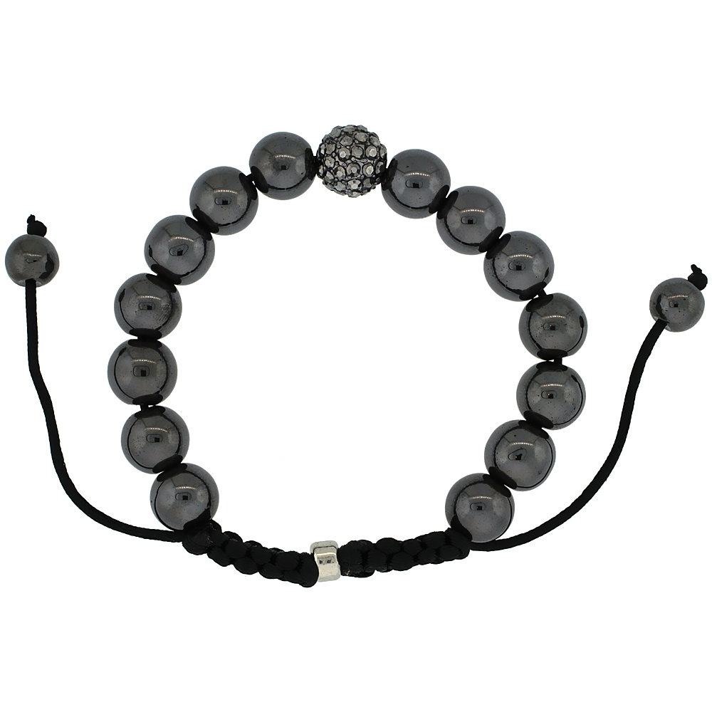 Crystal Ball Macrame Bead Bracelet for Men and Women Hematite Beads Adjustable Unisex 3/8 in. (10 mm) wide