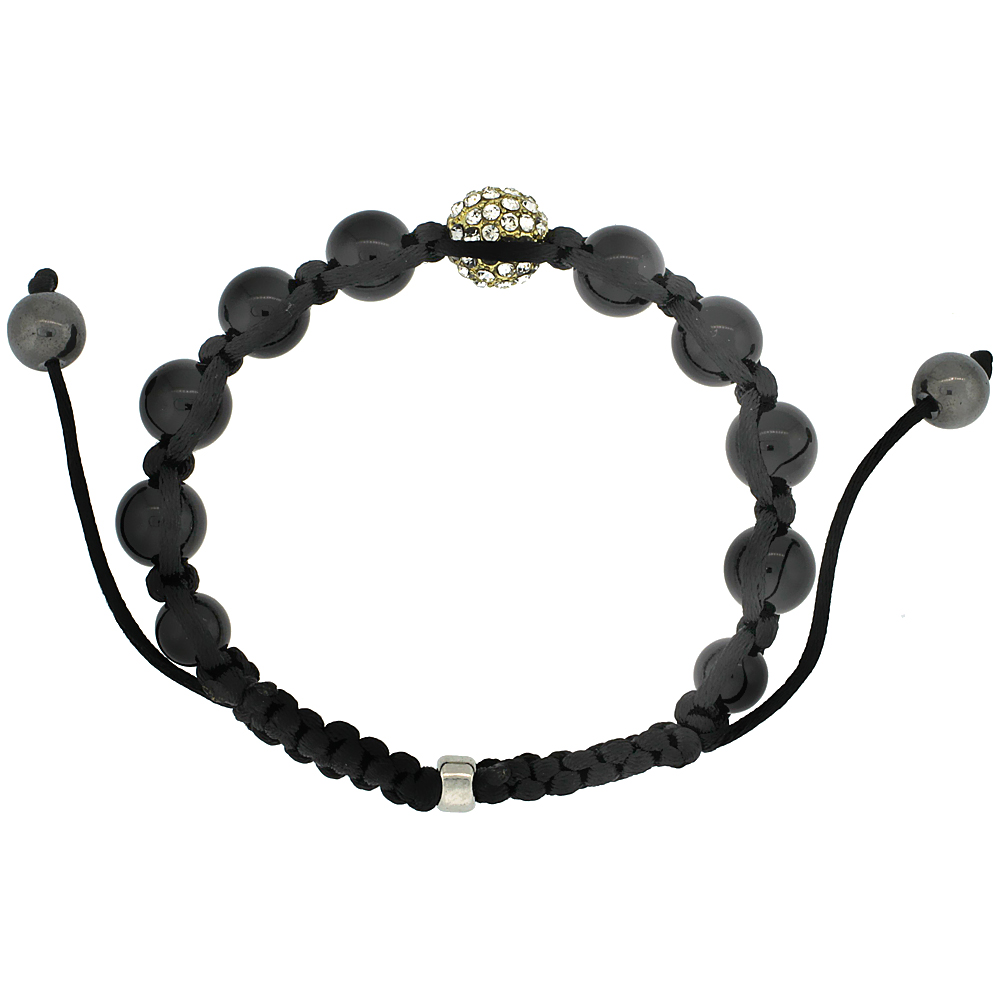 Yellow Color Crystal Ball Macrame Bead Bracelet for Men and Women Hematite Beads Adjustable Unisex 3/8 in. (10 mm) wide