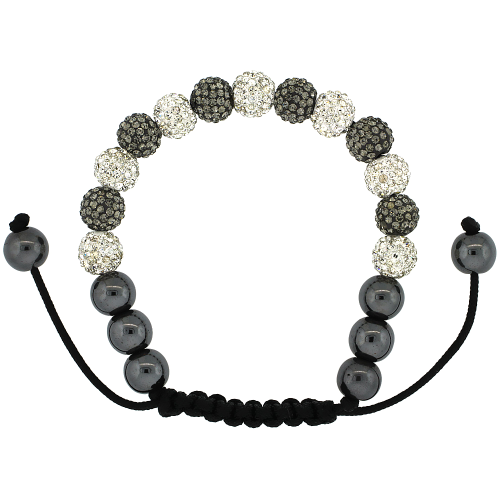 White & Black Crystal Ball Macrame Bead Bracelet for Men and Women Hematite Beads Adjustable Unisex 5/16 in. (8 mm) wide