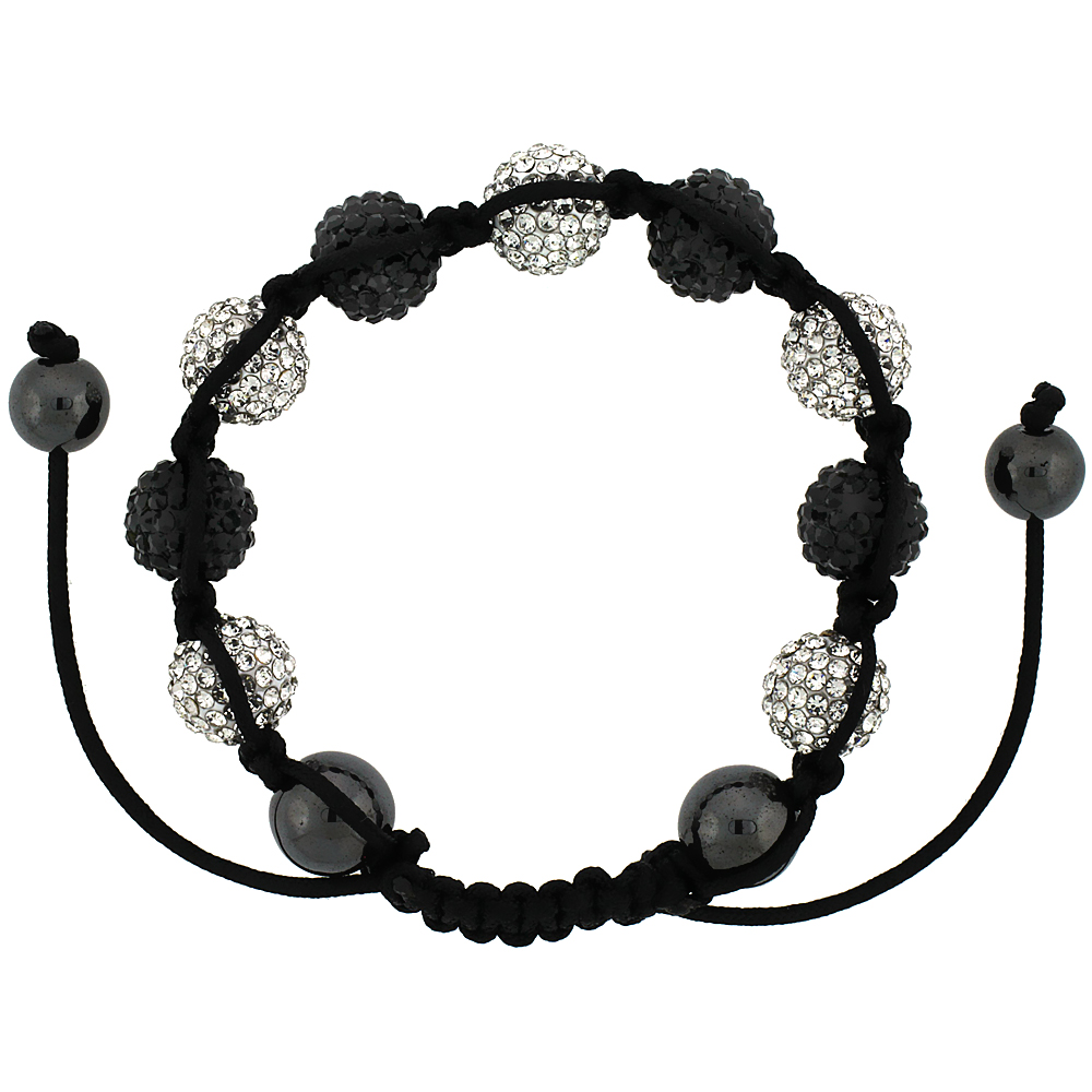 White & Black Crystal Ball Macrame Bead Bracelet for Men and Women Hematite Beads Adjustable Unisex 3/8 in. (10 mm) wide