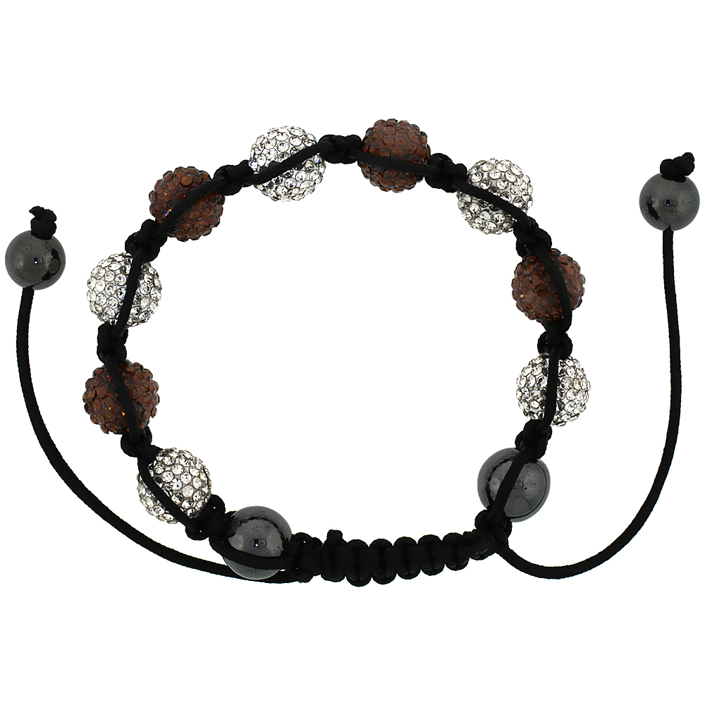 White & Brown Crystal Ball Macrame Bead Bracelet for Men and Women Hematite Beads Adjustable Unisex 3/8 in. (10 mm) wide