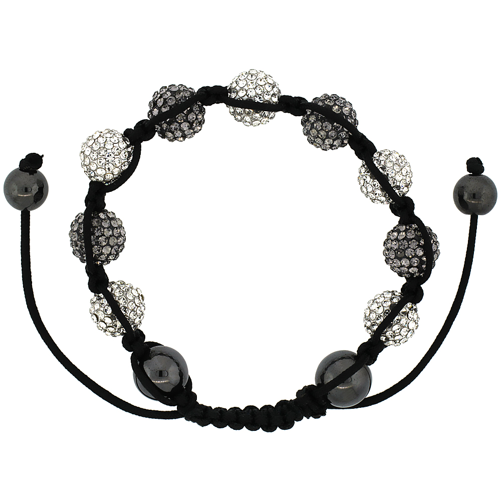 White & Gray Crystal Ball Macrame Bead Bracelet for Men and Women Hematite Beads Adjustable Unisex 3/8 in. (10 mm) wide