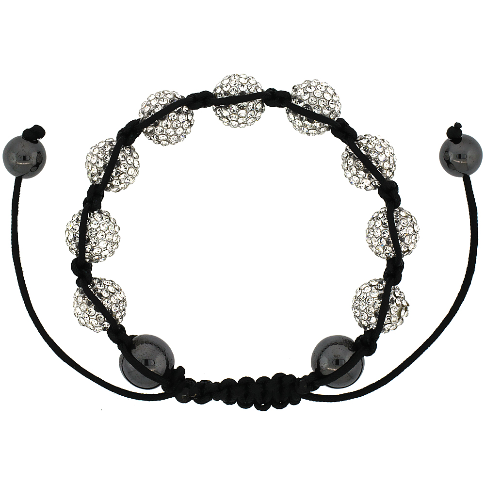 White Crystal Ball Macrame Bead Bracelet for Men and Women Hematite Beads Adjustable Unisex 3/8 in. (10 mm) wide