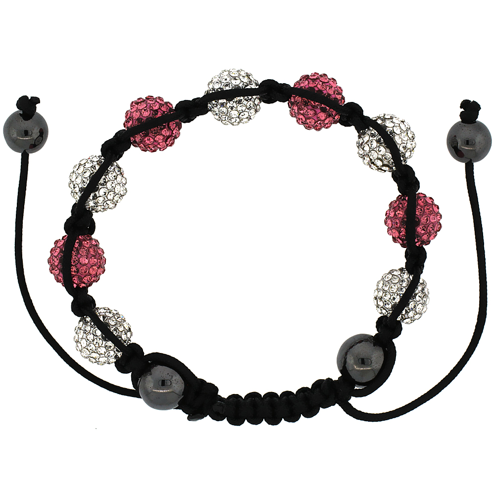 White & Pink Crystal Ball Macrame Bead Bracelet for Men and Women Hematite Beads Adjustable Unisex 3/8 in. (10 mm) wide