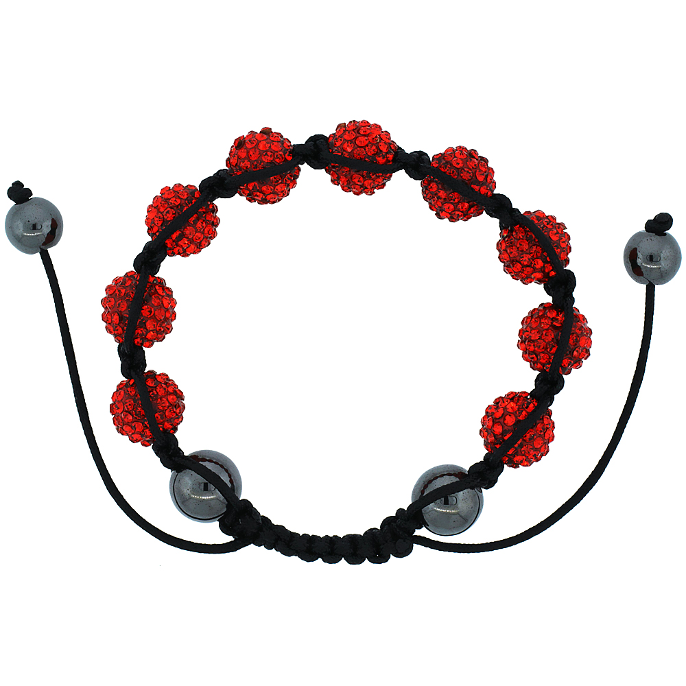 Red Crystal Ball Macrame Bead Bracelet for Men and Women Hematite Beads Adjustable Unisex 3/8 in. (10 mm) wide