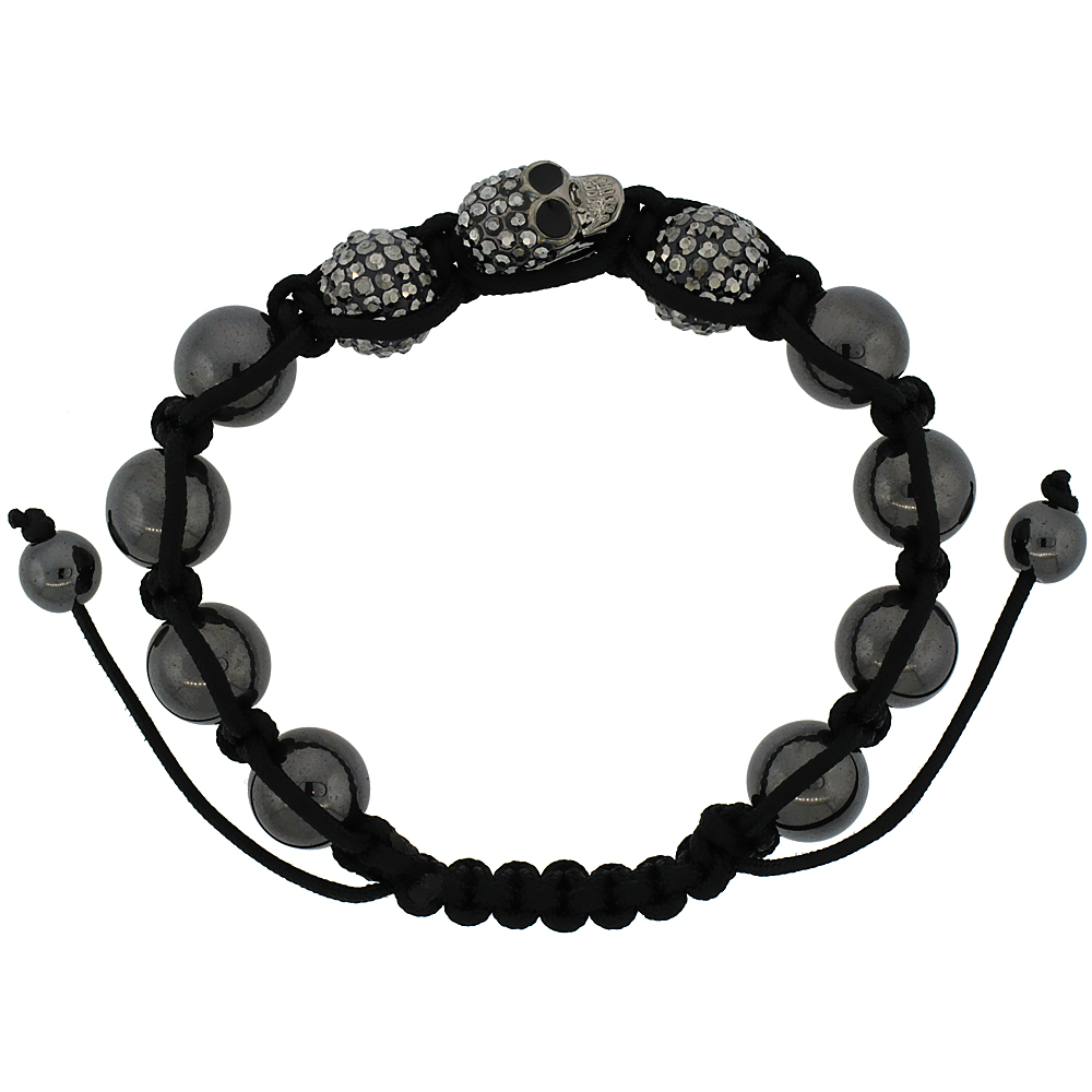 Black Crystal Ball Macrame Bead Bracelet for Men and Women Hematite Beads Adjustable Unisex 3/8 in. (10 mm) wide