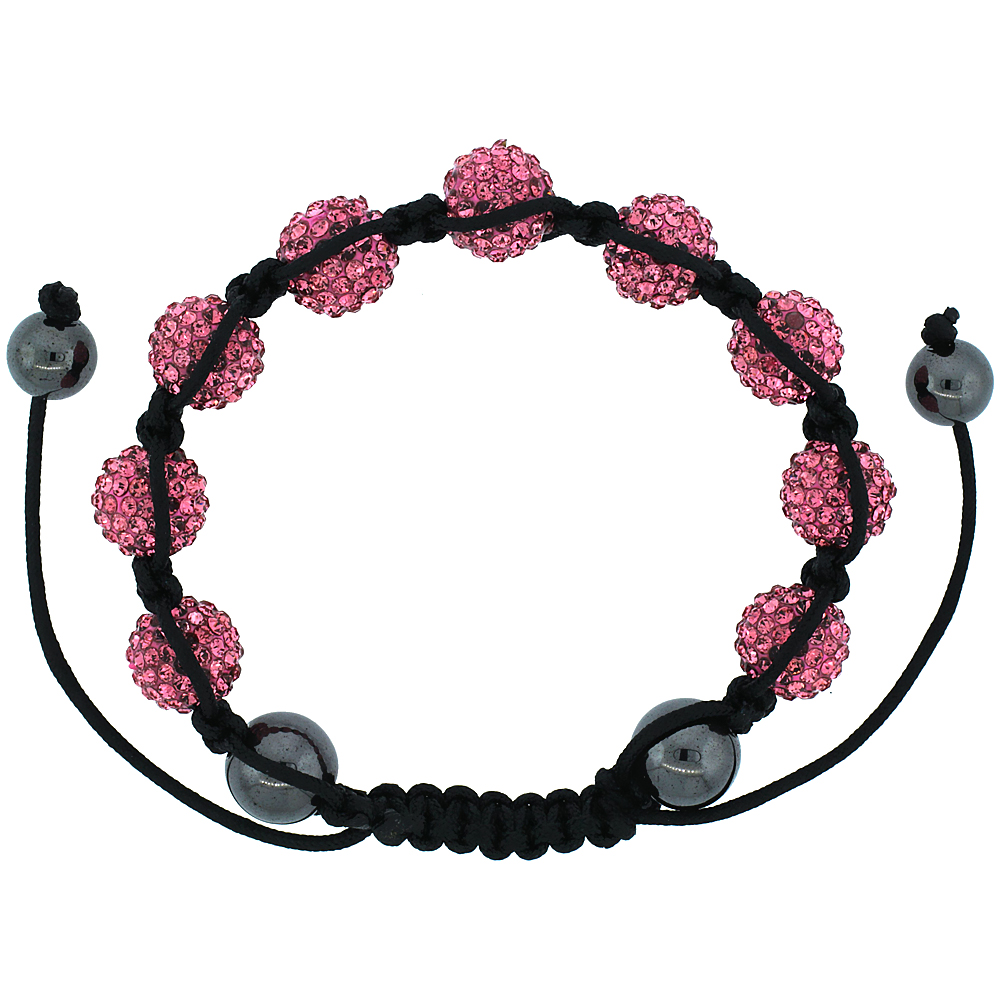 Pink Crystal Ball Macrame Bead Bracelet for Men and Women Hematite Beads Adjustable Unisex 3/8 in. (10 mm) wide