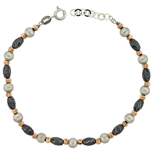 Sterling Silver Diamond Cut Bead Bracelet Black Rhodium, 7-8 inches long