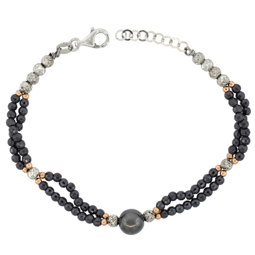 Sterling Silver 2-Strand Diamond Cut Bead Bracelet Black Rhodium, 7-8 inches long