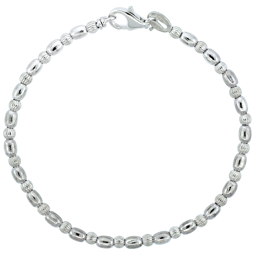Sterling Silver Corrugated & Oval Bead Bracelet (Available in 7 in. & 8 in.), 1/8 in. (3 mm) wide