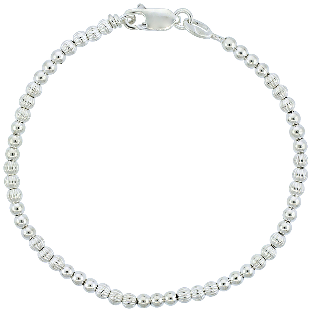 Sterling Silver Polished & Corrugated Bead Bracelet (Available in 7 in. & 8 in.), 1/8 in. (3 mm) wide