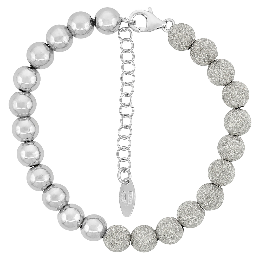 Sterling Silver Bead Bracelet Dual Finish Stardust and Polished, 7 inches long