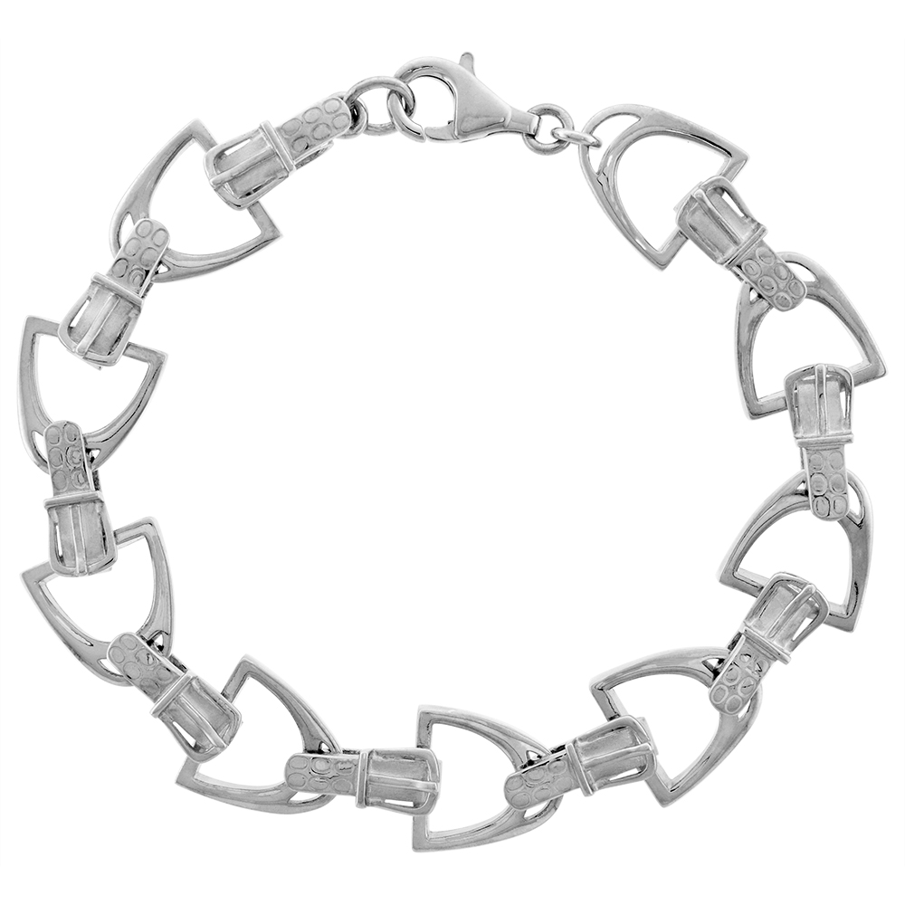 1/2 inch Sterling Silver Linked Stirrups Bracelet for Women Buckle Strap Flawless High Polish Finish 7.5 inch long