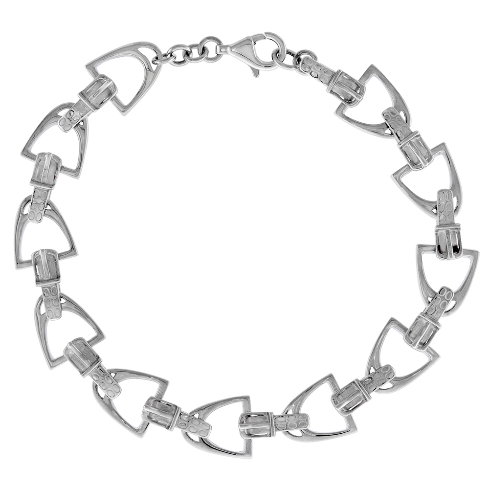 3/8 inch Sterling Silver Linked Stirrups Bracelet for Women Buckle Strap Flawless High Polish Finish 7.5 inch long