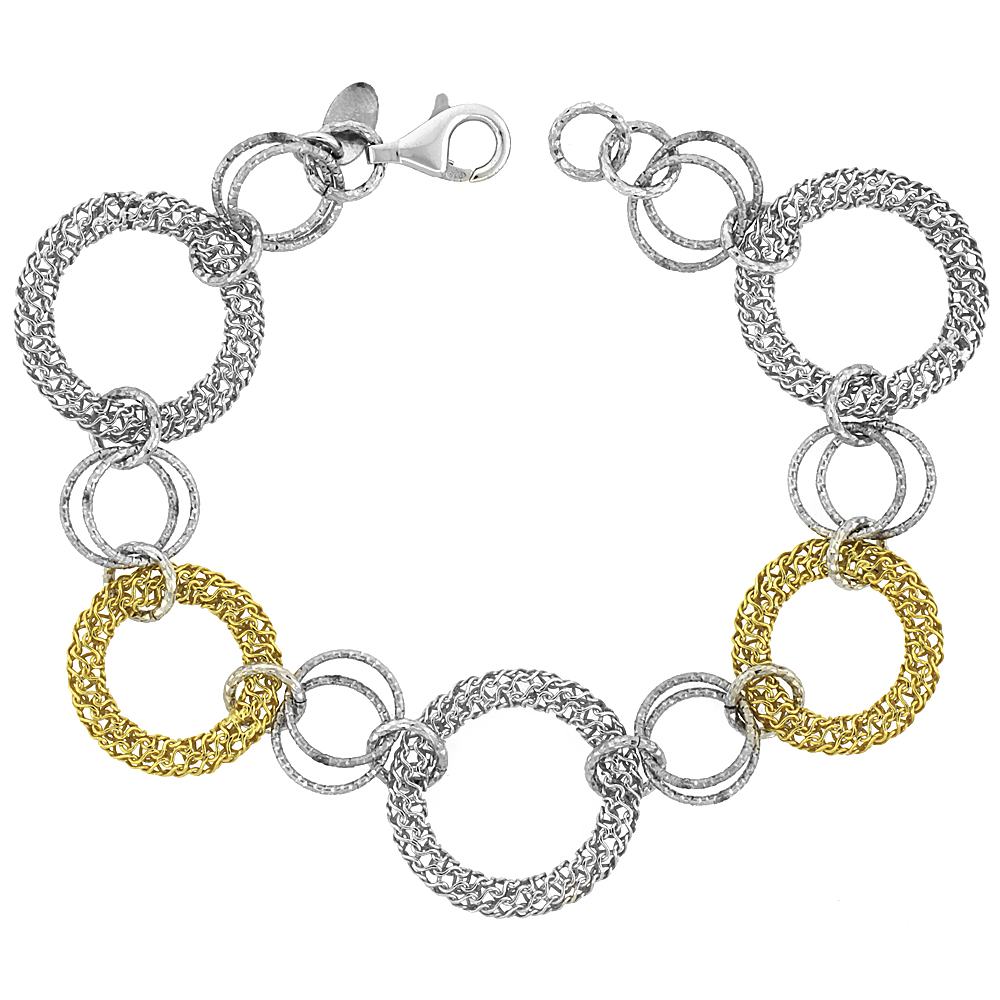 Sterling Silver Italian Round Filigree Wire Mandala Linked Bracelets Diamond Cut Yellow Gold Finish, 1 inch (23 mm) wide