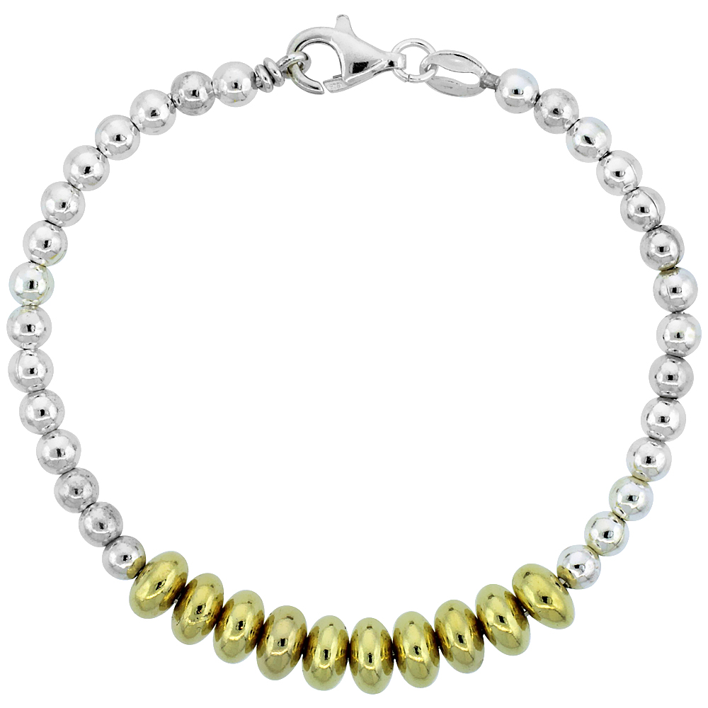 Sterling Silver Saucer Bead Bracelet w/ Gold Finish (Available in 7 in. & 8 in.), 1/4 in. (7 mm) wide