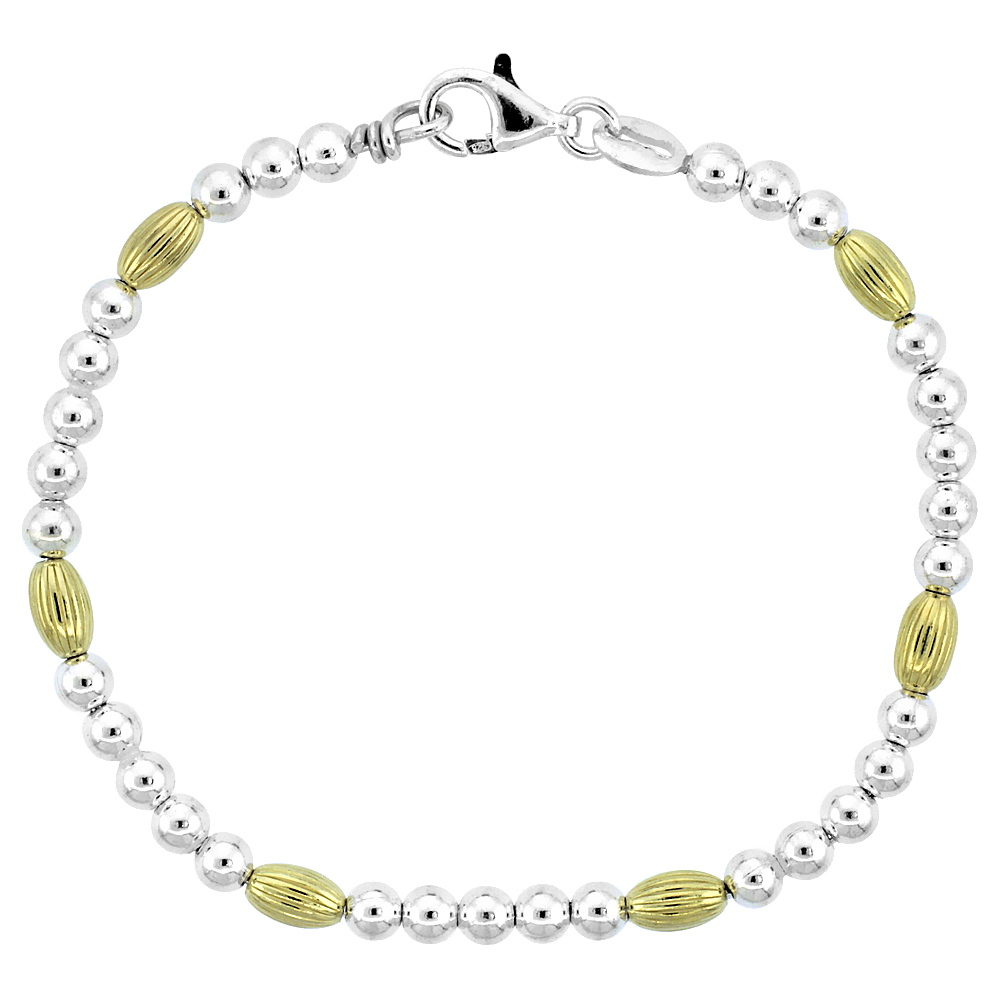 Sterling Silver Corrugated Bead Bracelet w/ Gold Finish (Available in 7 in. & 8 in.), 3/16 in. (4 mm) wide