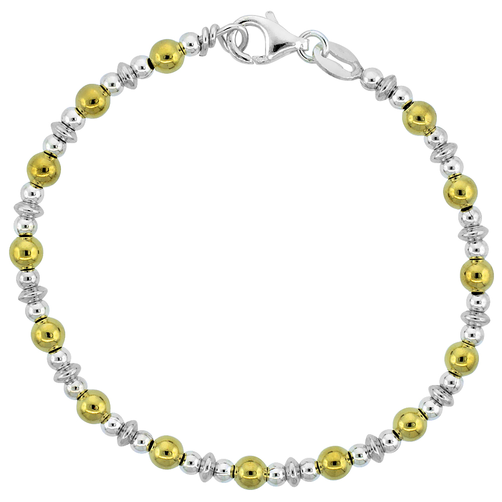 Sterling Silver Saucer Bead Bracelet w/ Gold Finish (Available in 7 in. & 8 in.), 5/32 in. (4 mm) wide