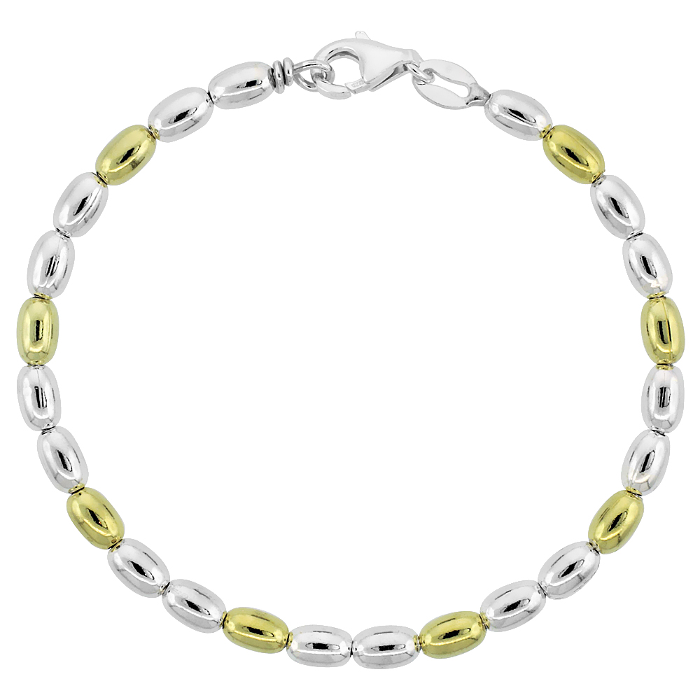 Sterling Silver Egg-shaped Oval Bead Bracelet w/ Gold Finish (Available in 7 in. & 8 in.), 5/32 in. (4 mm) wide