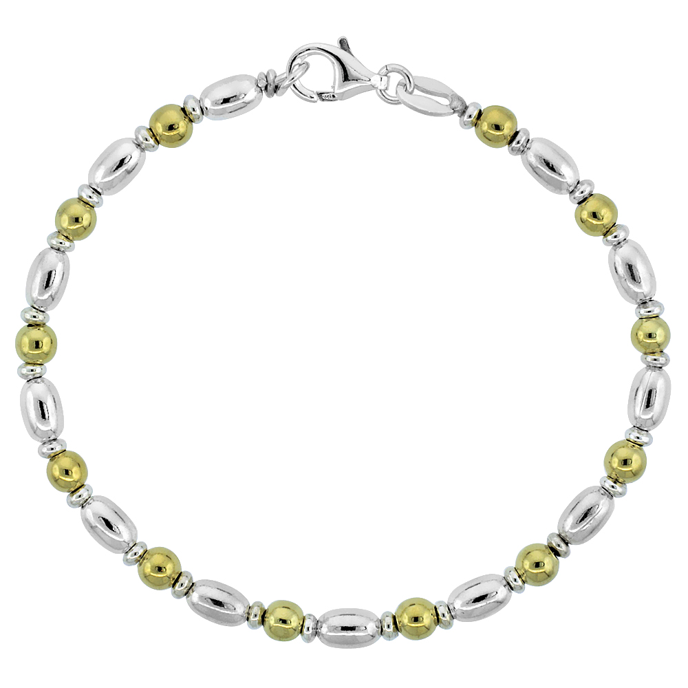 Sterling Silver Egg-shaped Oval Bead Bracelet w/ Gold Finish (Available in 7 in. & 8 in.), 5/32 in. (4 mm) wide