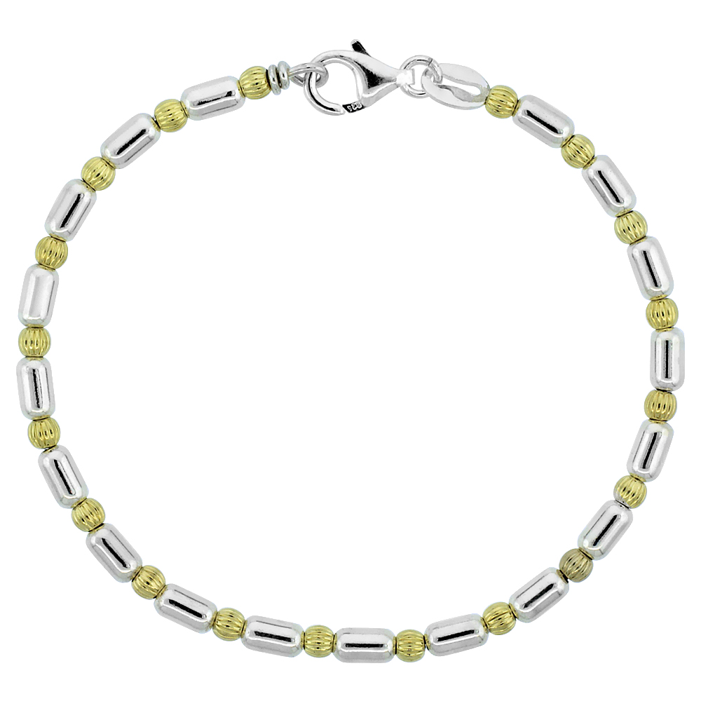 Sterling Silver Corrugated & Elongated Bead Bracelet w/ Gold Finish (Available in 7 in. & 8 in.), 1/8 in. (3 mm) wide