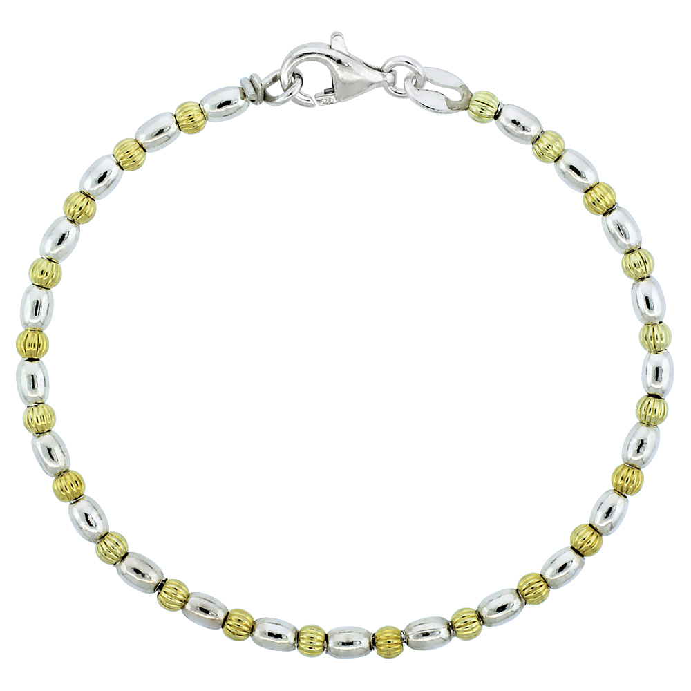 Sterling Silver Corrugated & Oval Bead Bracelet w/ Gold Finish (Available in 7 in. & 8 in.), 1/8 in. (3 mm) wide