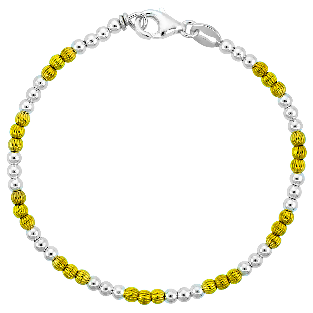 Sterling Silver Polished & Corrugated Bead Bracelet w/ Gold Finish (Available in 7 in. & 8 in.), 1/8 in. (3 mm) wide
