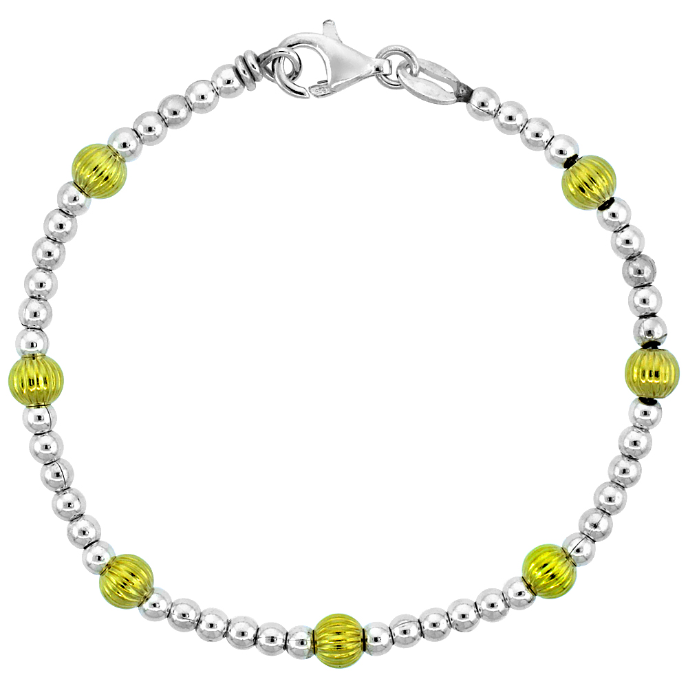 Sterling Silver Polished & Corrugated Bead Bracelet w/ Gold Finish (Available in 7 in. & 8 in.), 3/16 in. (5 mm) wide