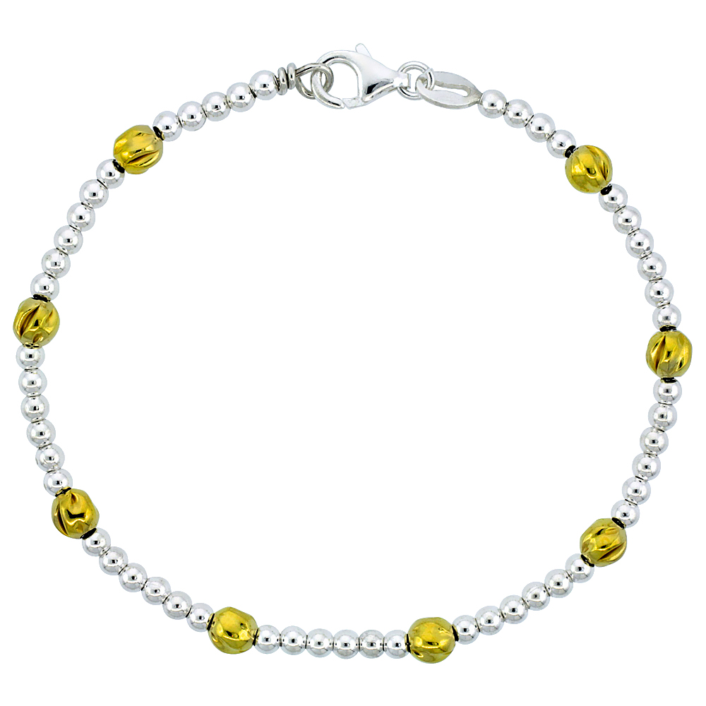 Sterling Silver Polished Bead Bracelet w/ Gold Finish (Available in 7 in. & 8 in.), 3/16 in. (5 mm) wide